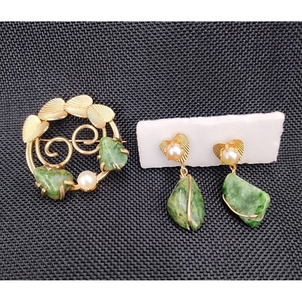 Vtg Gold Tone Jade Pearl Wreath Circle Brooch Pin & Screw-back Clip Earring Set